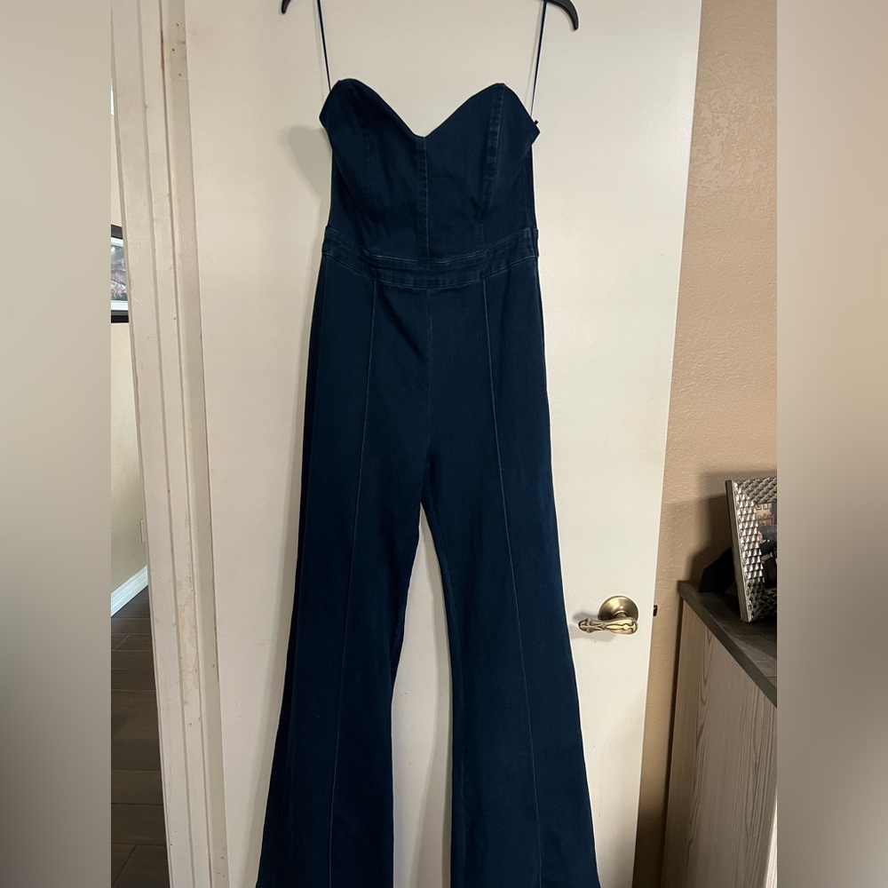 Dark blue strapless denim jumpsuit